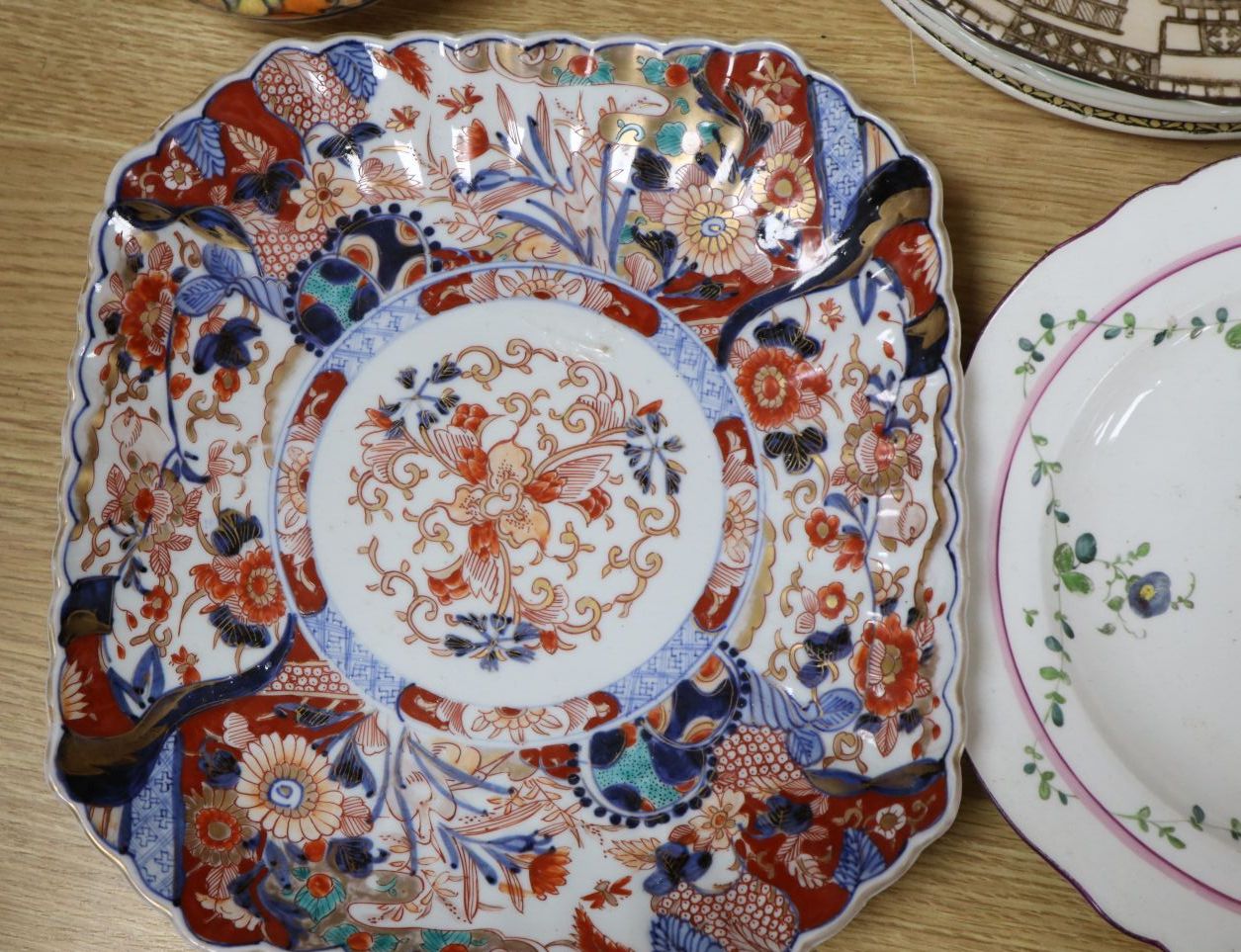 A Meissen plate, an Imari dish, Doulton plates, a Charlotte Rhead vase etc.